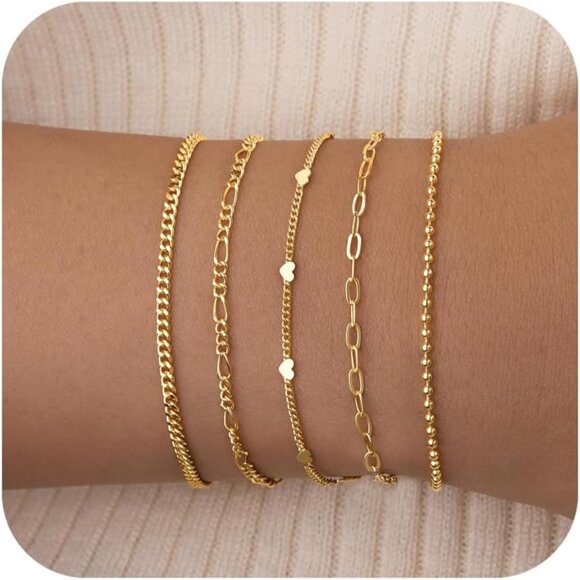 Gold-Style 08 Dainty Stack Beaded, Heart,Rope Bracelets Jewelry Gifts for Women - Picture 1 of 8
